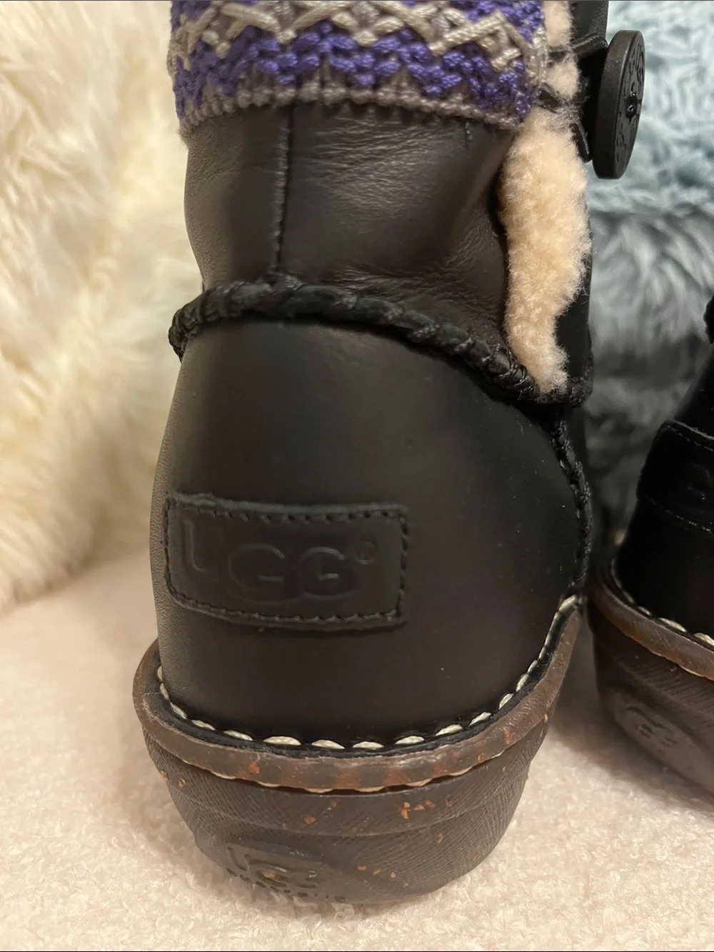 UGG Black Leather Shearling Winter Boots with Purple Trim